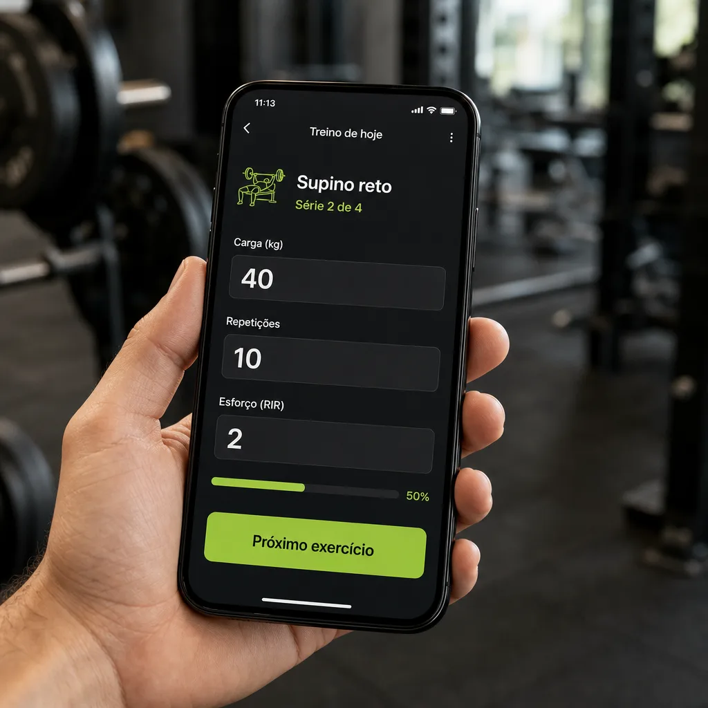 Celular mostrando o treino de hoje no SimulaFit, com carga, repetições e esforço do exercício em andamento